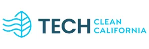 Logo with a blue leaf and wavy lines, next to text: TECH CLEAN CALIFORNIA.
