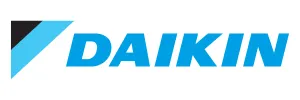 Daikin logo with blue text and a blue and black diagonal stripe on a white background.