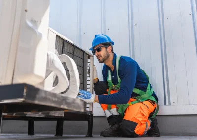 Technician in safety gear kneels and inspects an outdoor air conditioning unit on a rooftop.