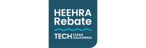 HEEHRA Rebate logo with “TECH Clean California” text and a blue background with wave graphic.