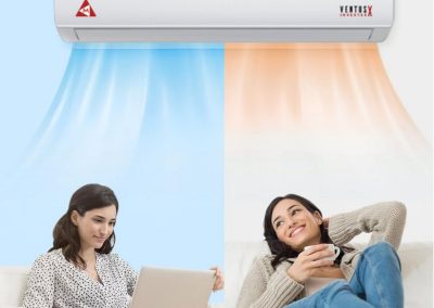 Split image: AC blows cool air on a woman using a laptop, warm air on another woman relaxing with a mug.