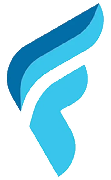 Abstract blue and dark blue shapes forming an angular, stylized letter “F” on a light background.