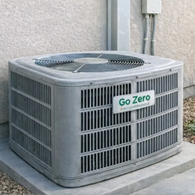 Outdoor air conditioning unit with a “Go Zero” label attached, placed next to a building wall.
