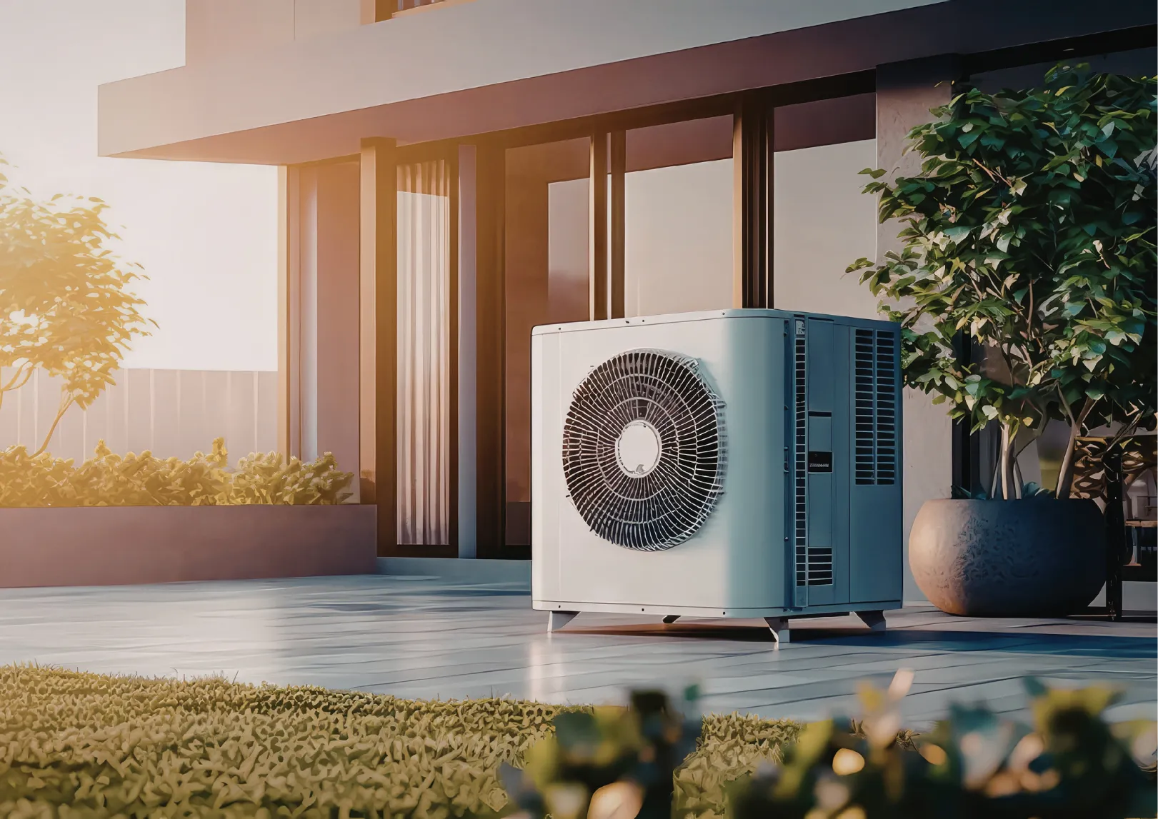 A heat pump unit sits on a patio outside a modern house with large windows and potted plants.